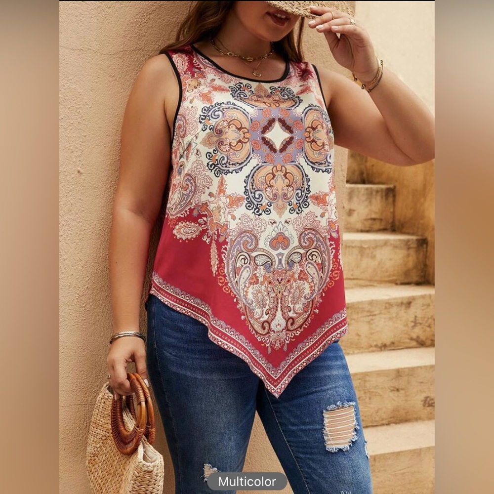 Plus size paisley print asymmetrical hem tank top